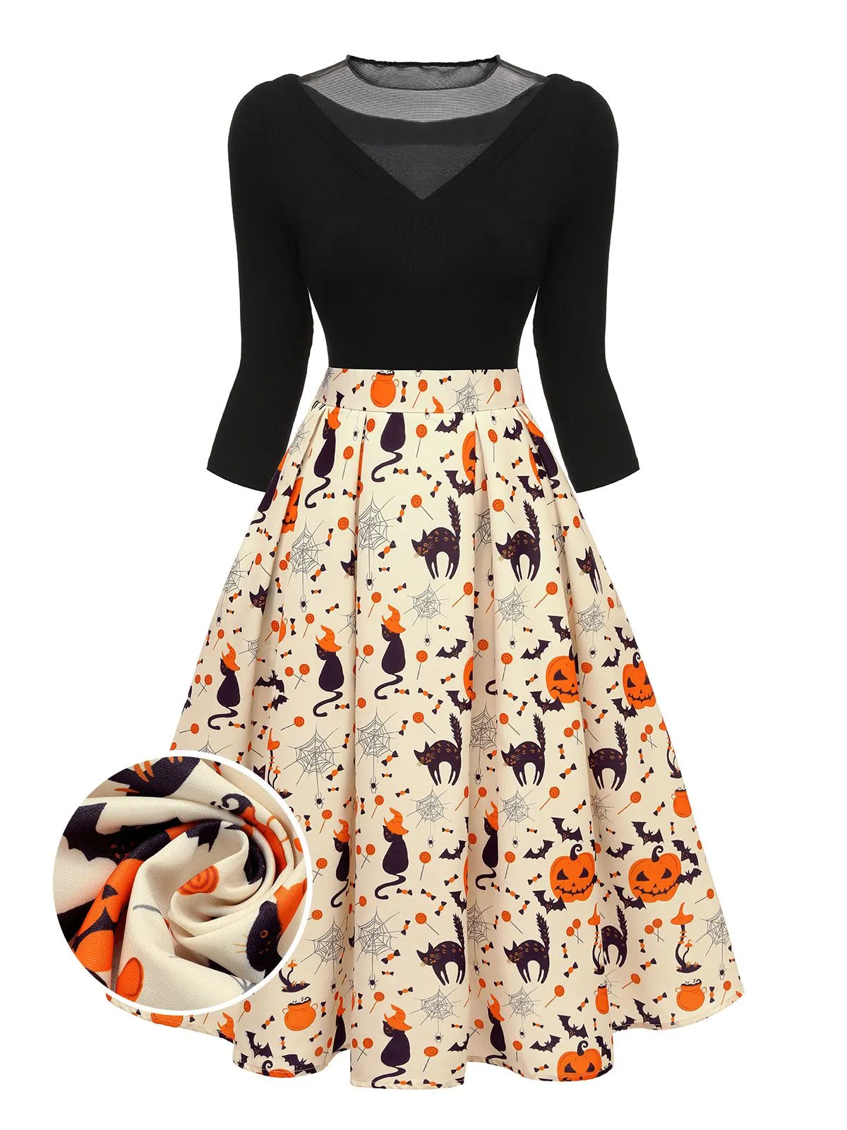 1950s Halloween Pumpkin Cat Knitted Top Patchwork Dress