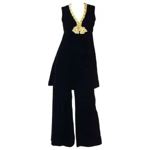 1960s Black Velvet Tunic and Pants Set with Gold Neck Trim