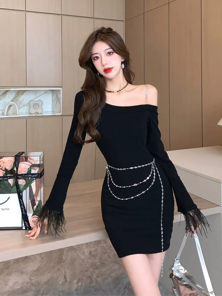 2023 New Sexy Black Slim-Fit Long Sleeve Dress