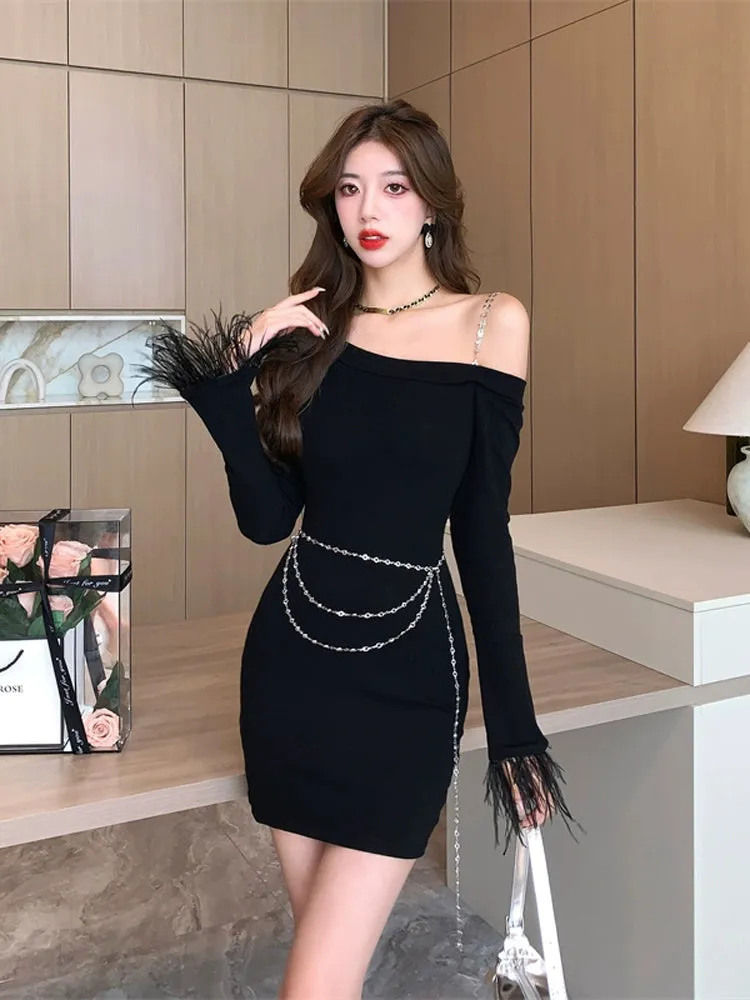 2023 New Sexy Black Slim-Fit Long Sleeve Dress