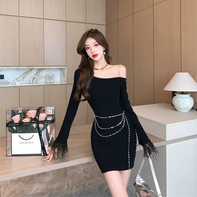 2023 New Sexy Black Slim-Fit Long Sleeve Dress