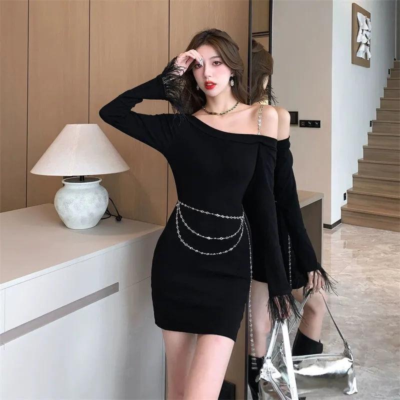 2023 New Sexy Black Slim-Fit Long Sleeve Dress