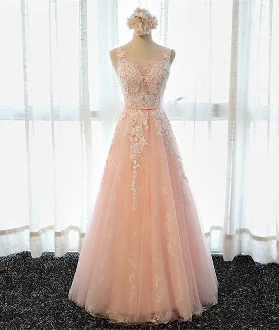 A Line Round Neck Sleeveless Lace Grey/Pink/Champagne Prom Dresses, Lace Formal Dresses, Evening Dresses