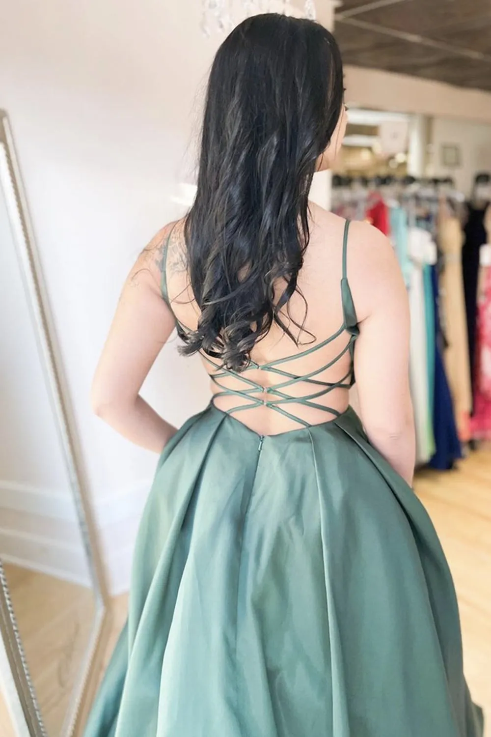 A Line V Neck Backless Green Satin Long Prom, Open Back Green Formal, Green Evening