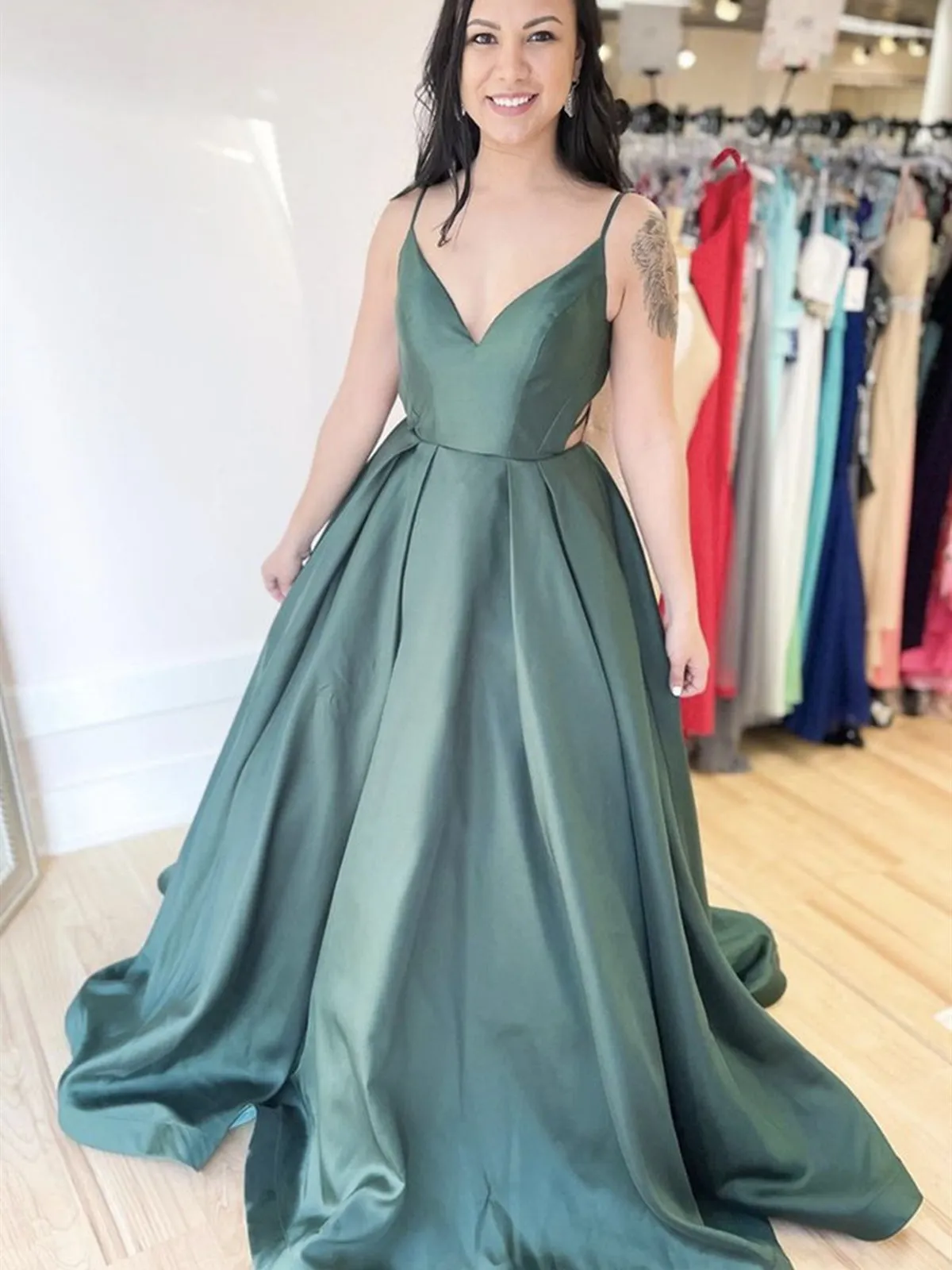 A Line V Neck Backless Green Satin Long Prom, Open Back Green Formal, Green Evening