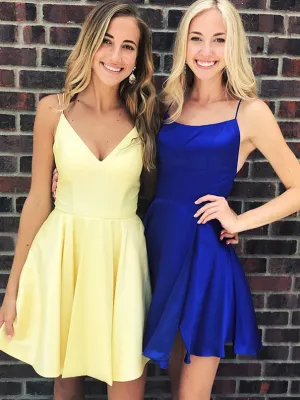 A Line V Neck Backless Yellow/Royal Blue Short Prom Homecoming, Backless Royal Blue/Yellow Formal Graduation Evening