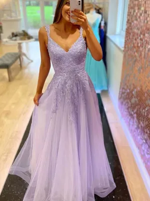 A Line V Neck Beaded Purple Lace Long Prom Dresses, Lilac Lace Formal Dresses, Lavender Evening Dresses