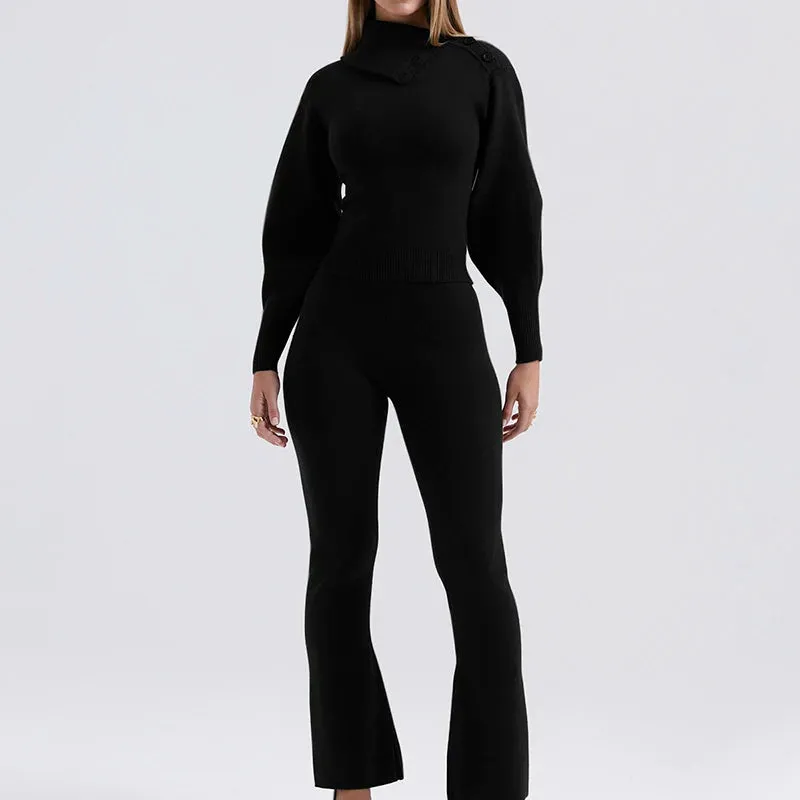 A&A Two Piece High Neck Turn Down Collar and Flared Pants Knit Set