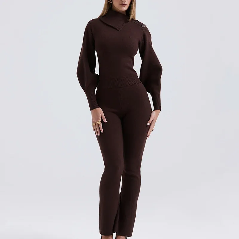 A&A Two Piece High Neck Turn Down Collar and Flared Pants Knit Set