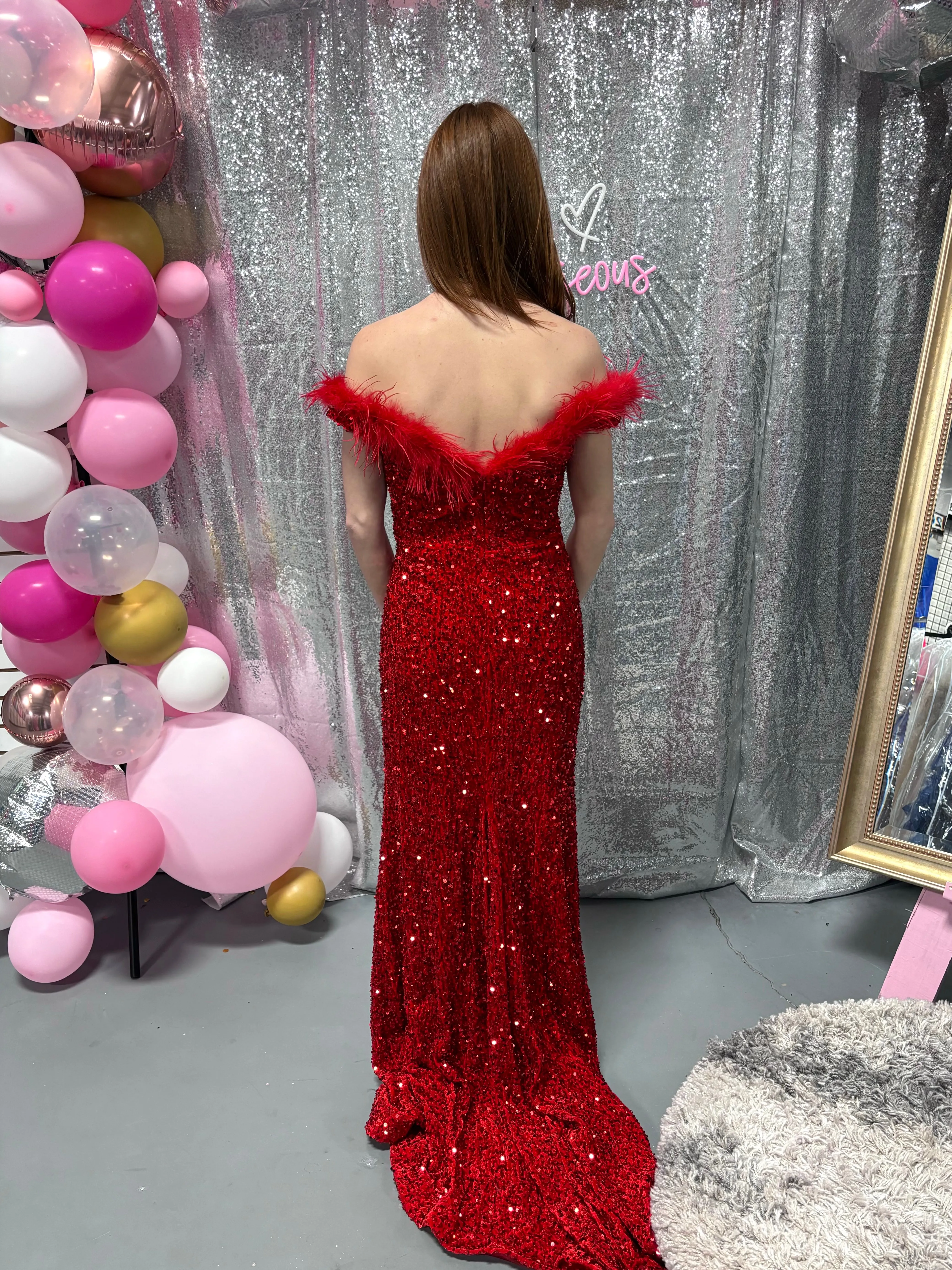 Alyce Paris 61379 Red Sequin Fit-n-Flare Dress with Off the Shoulder Feather Detail - Size 6