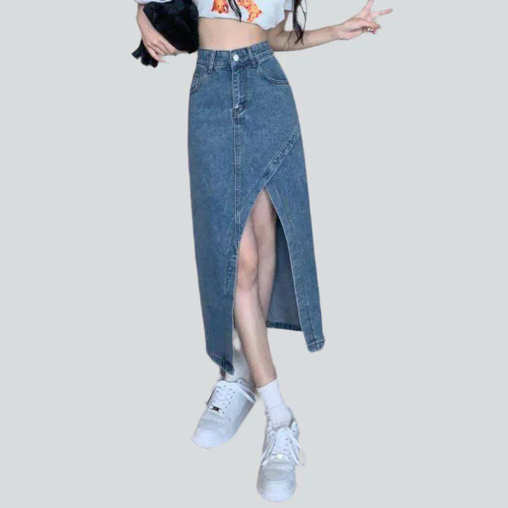 Asymmetric wide slit denim skirt