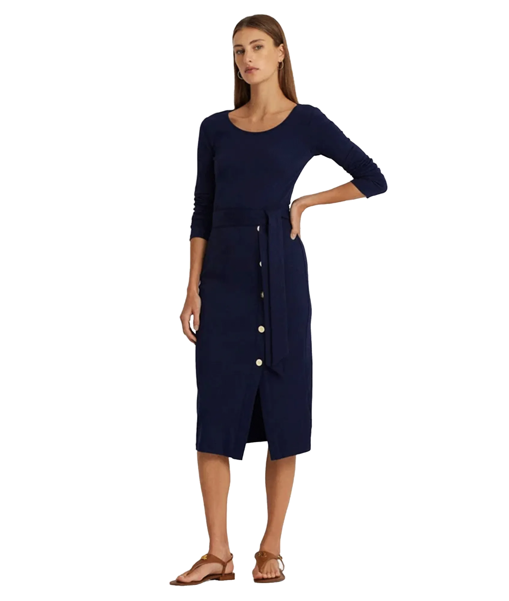 Belted Navy Rib-Knit Dress - Navy