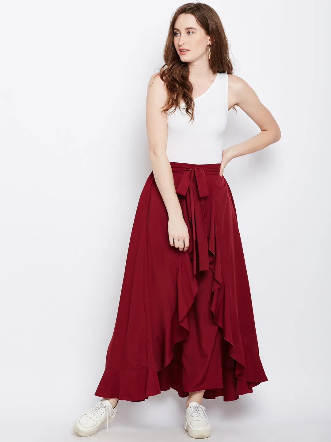 Berrylush Women Solid Maroon Waist Tie-Up Ruffled Maxi Skirt with Attached Trousers