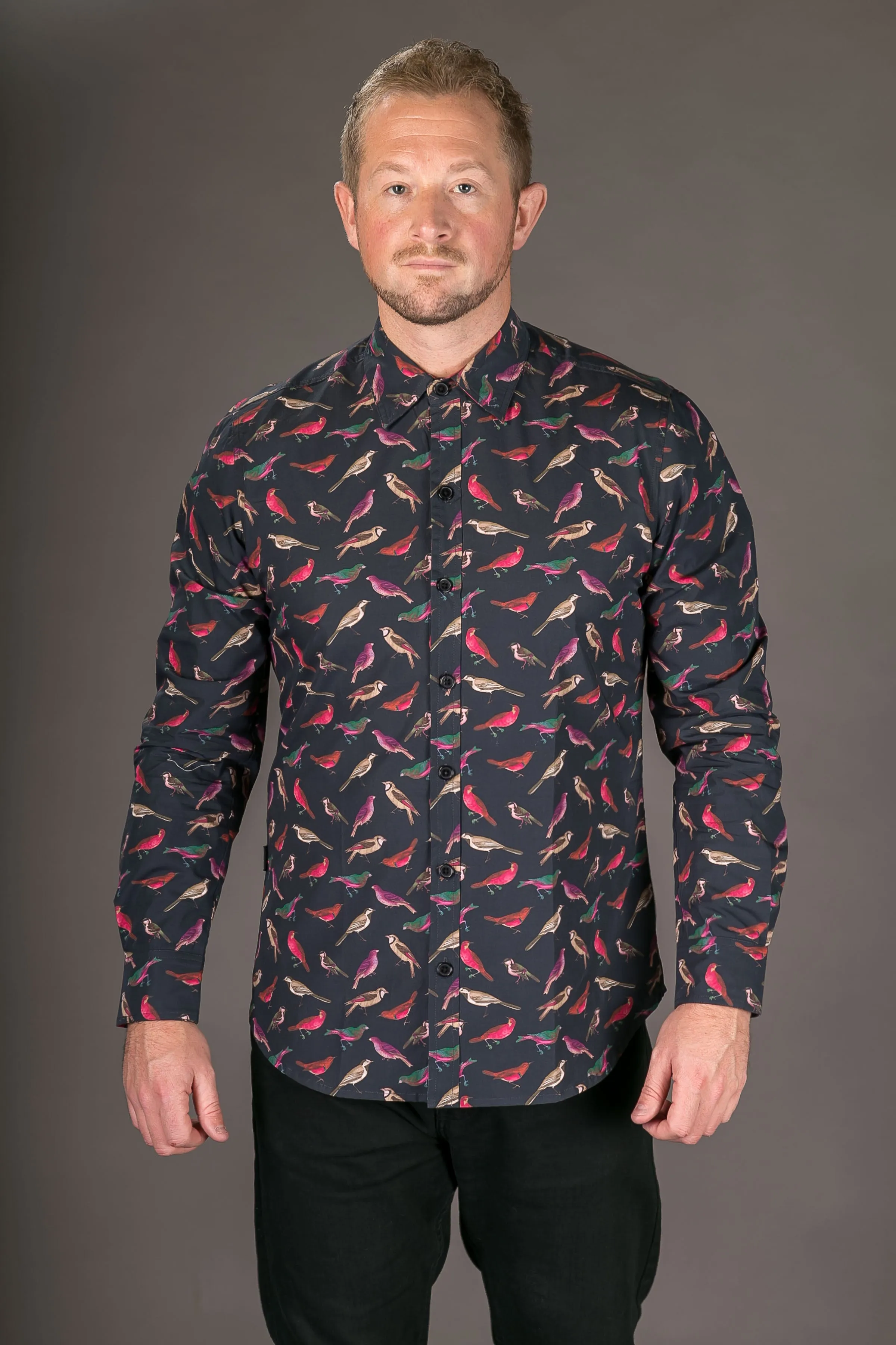 Birds Navy Blue Print Cotton Slim Fit Mens Shirt Long Sleeve