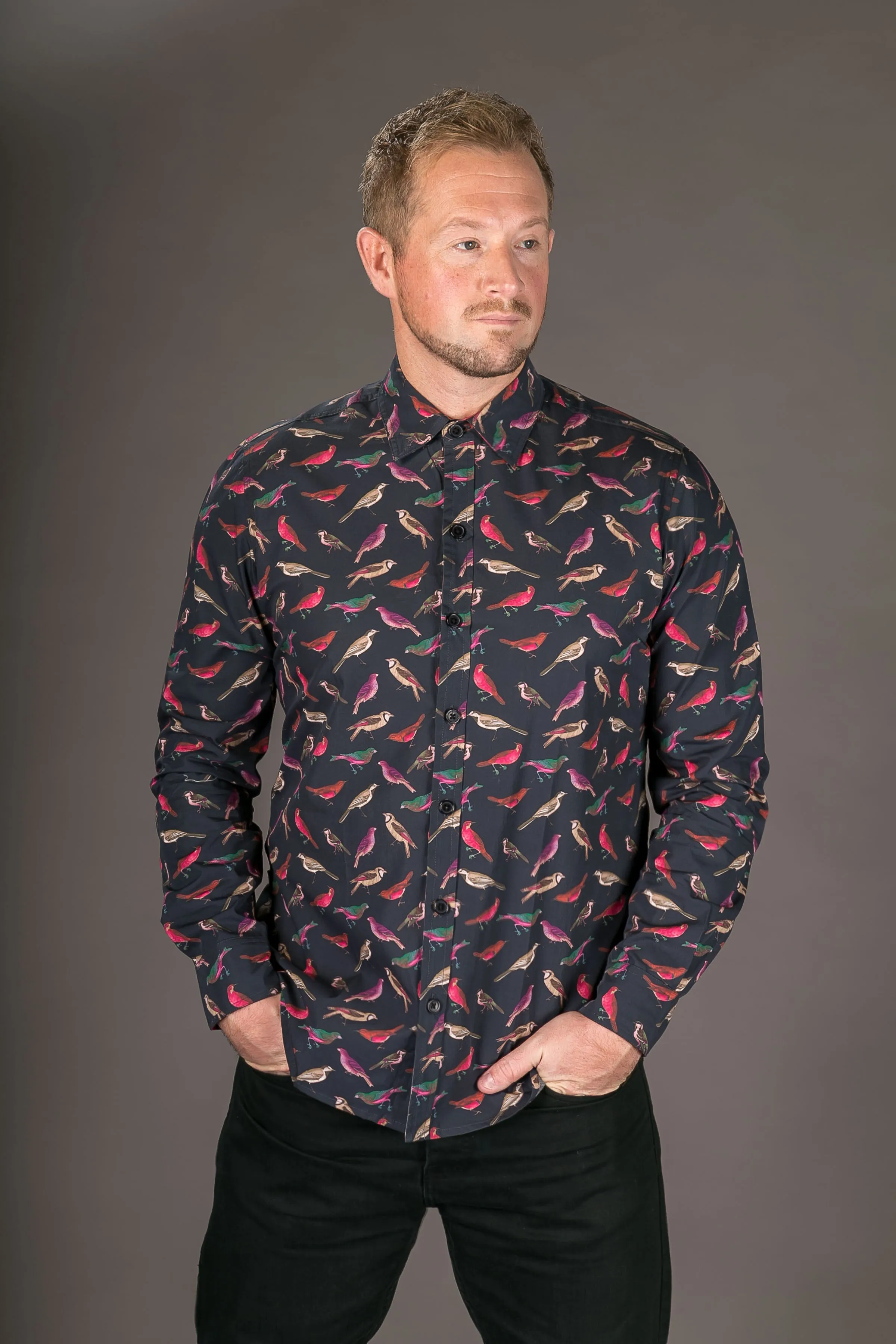 Birds Navy Blue Print Cotton Slim Fit Mens Shirt Long Sleeve