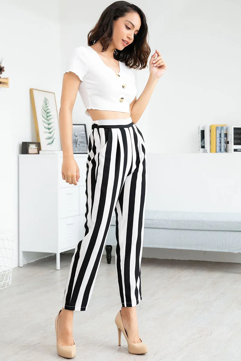 Black And White Striped High Waist Pants