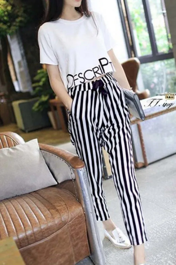 Black And White Striped High Waist Pants