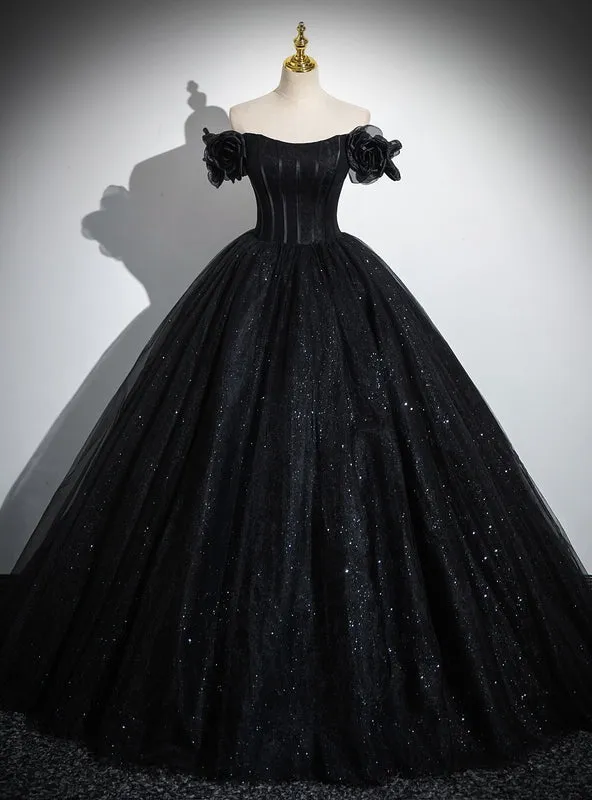 Black Ball Gown Tulle Sequins Off the Shoulder Quinceanera Dress