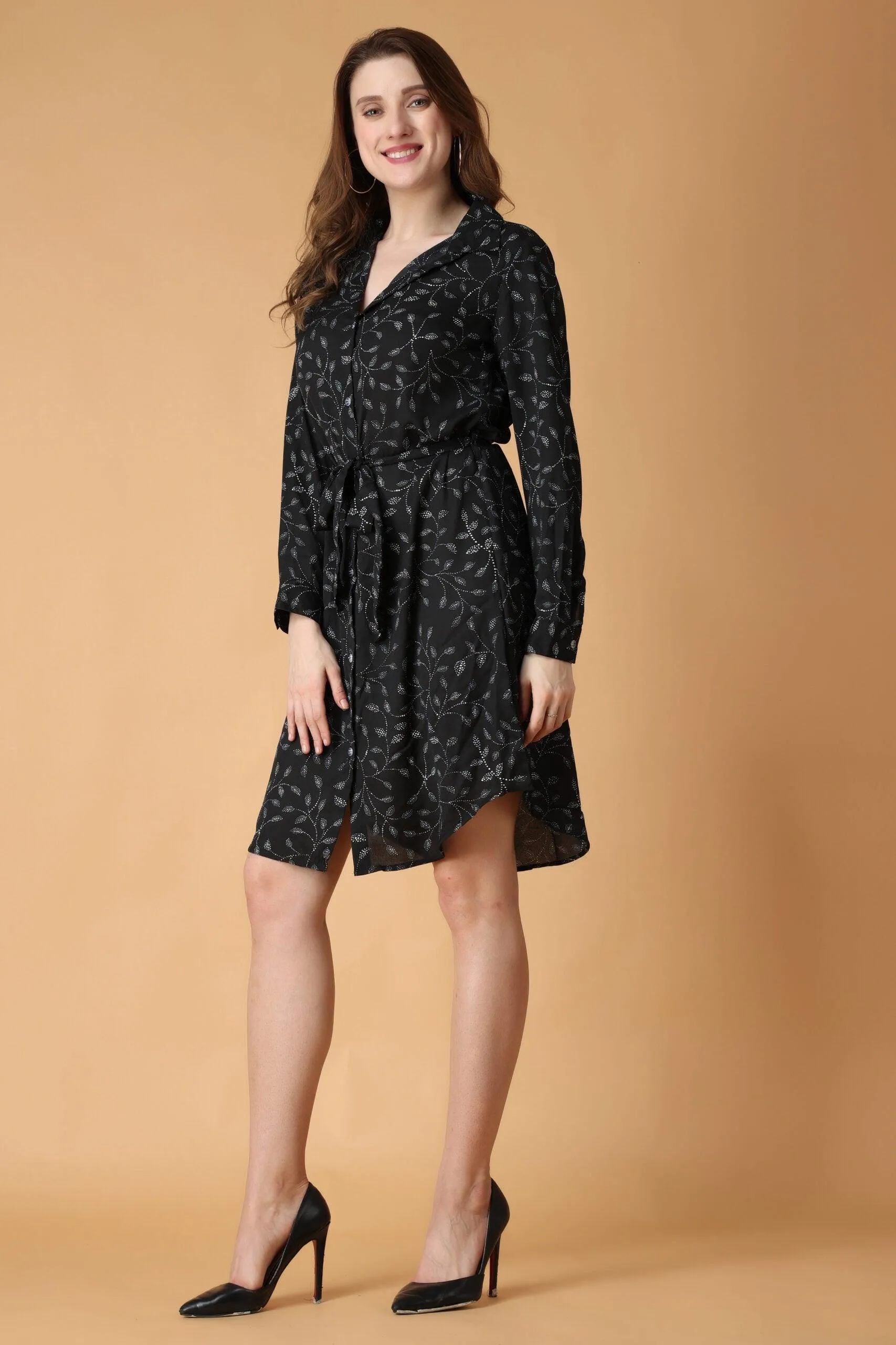 Black Dots Leaf Printed Buttoned Tie Up Dress