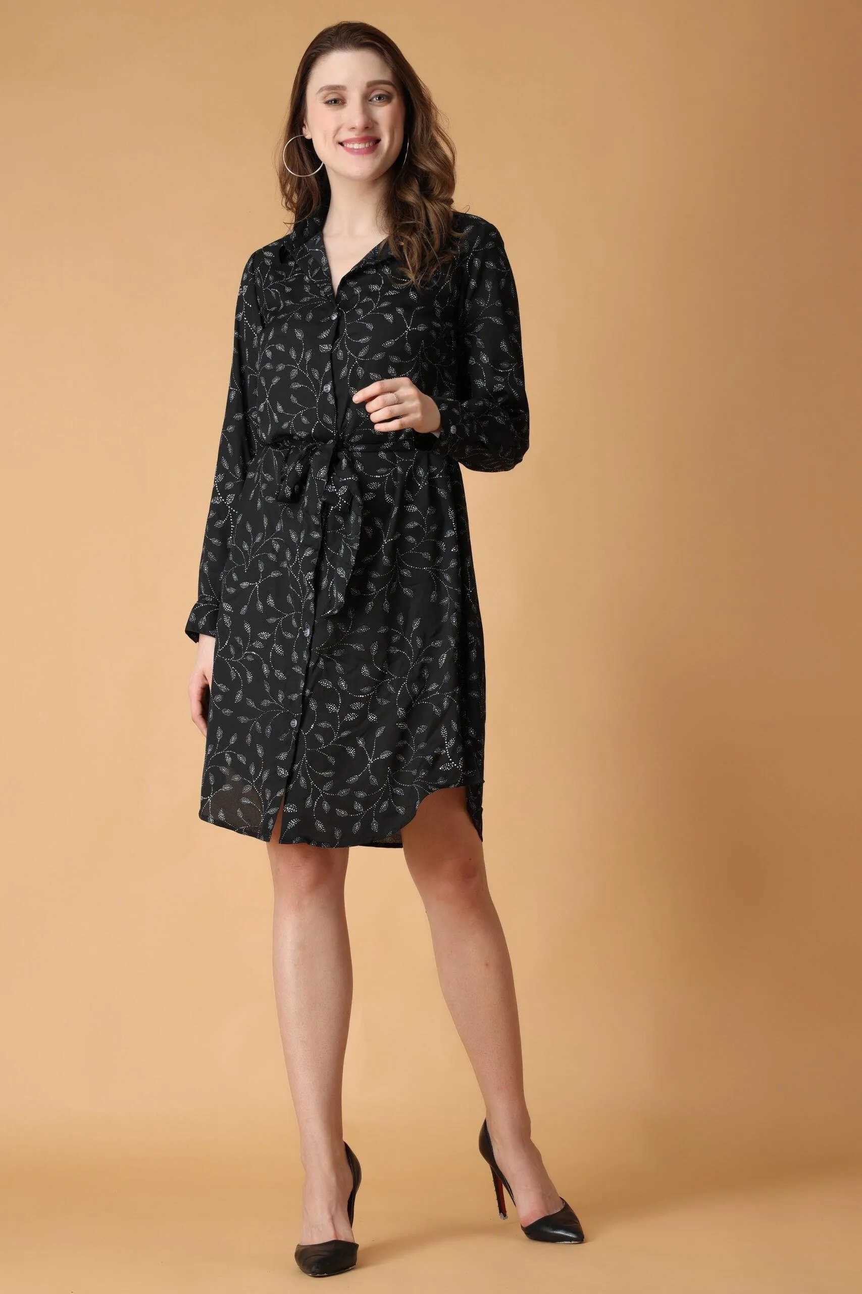 Black Dots Leaf Printed Buttoned Tie Up Dress