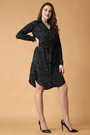 Black Dots Leaf Printed Buttoned Tie Up Dress