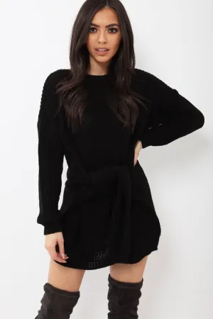 Black Tie Front Knitted Jumper Dress - Harley