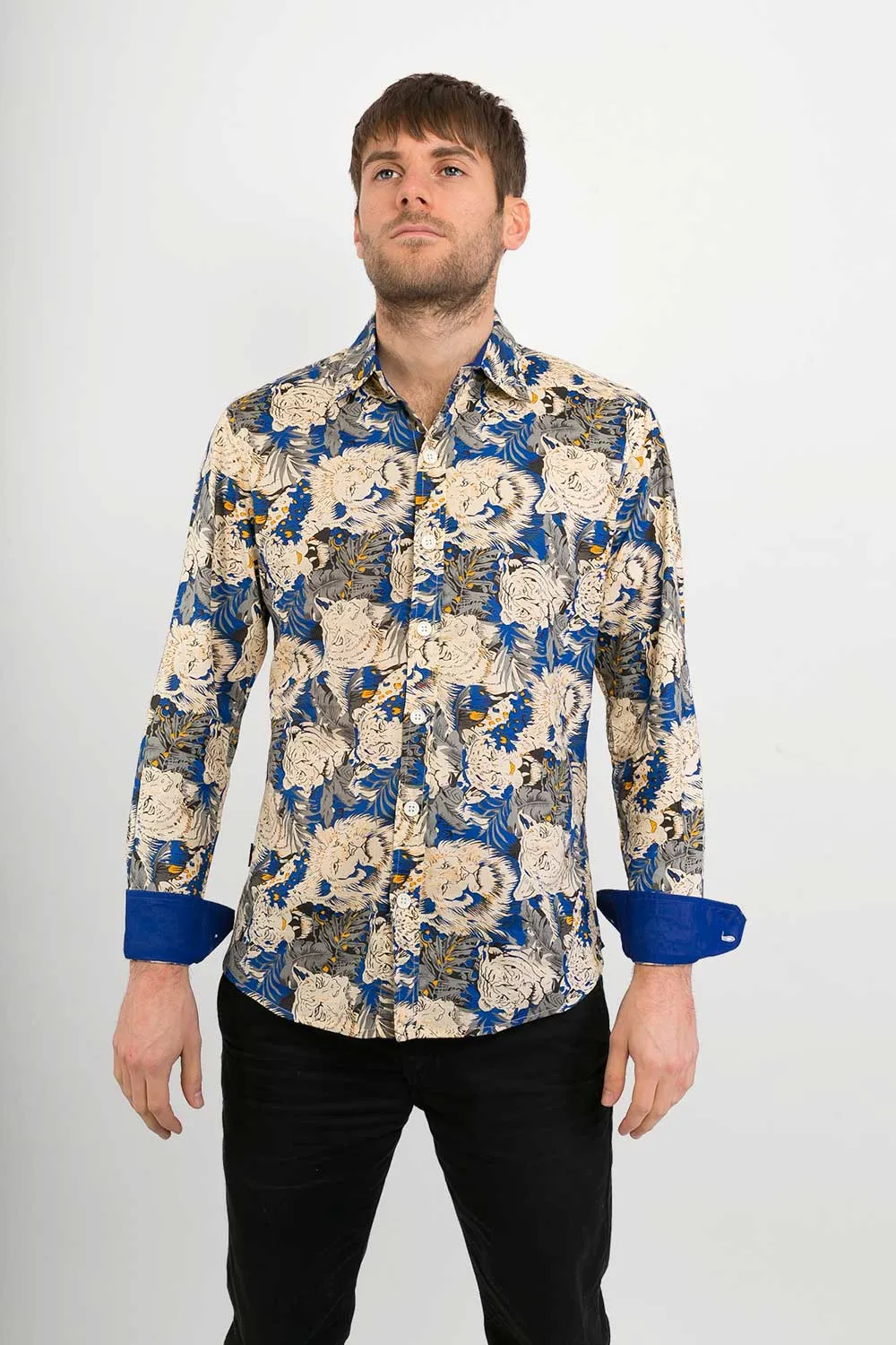 Blue Lions Tigers Print Cotton Slim Fit Mens Shirt Long Sleeve