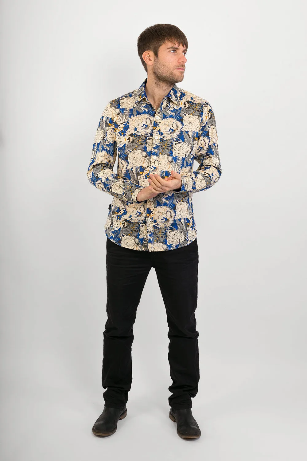 Blue Lions Tigers Print Cotton Slim Fit Mens Shirt Long Sleeve