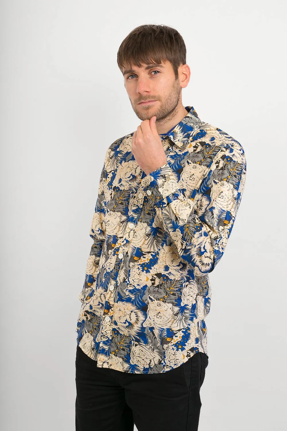 Blue Lions Tigers Print Cotton Slim Fit Mens Shirt Long Sleeve