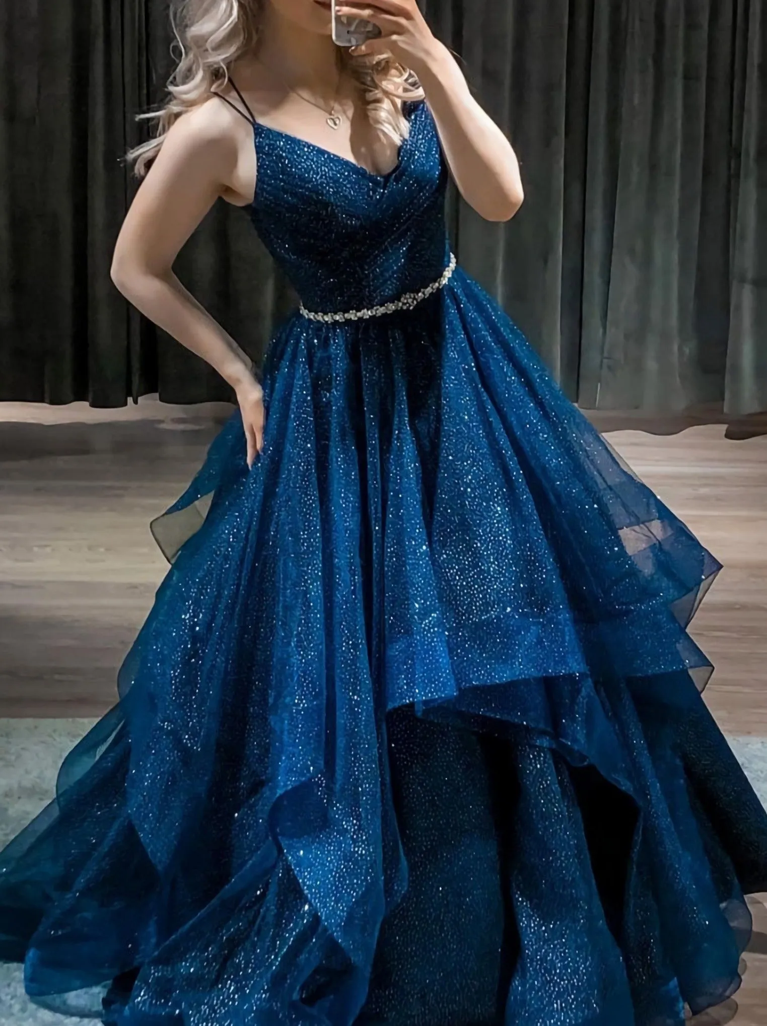 Blue V Neck Tulle Sequin Long Prom Dress Blue Formal Dress