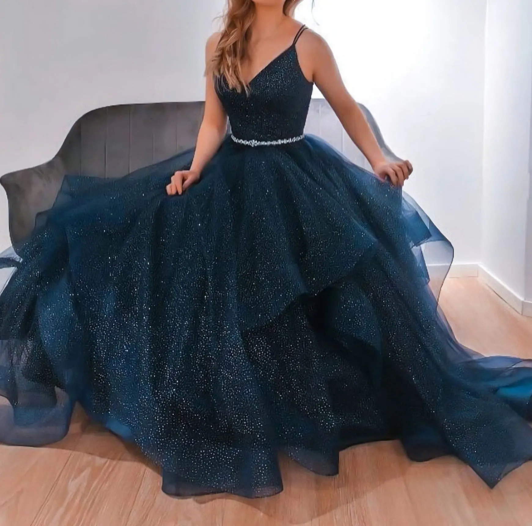 Blue V Neck Tulle Sequin Long Prom Dress Blue Formal Dress