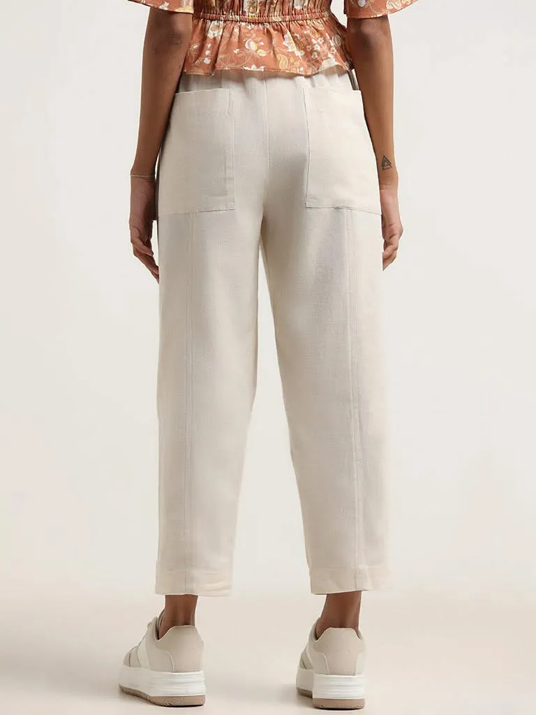 Bombay Paisley Off White Cotton Blend High-Waist Pants