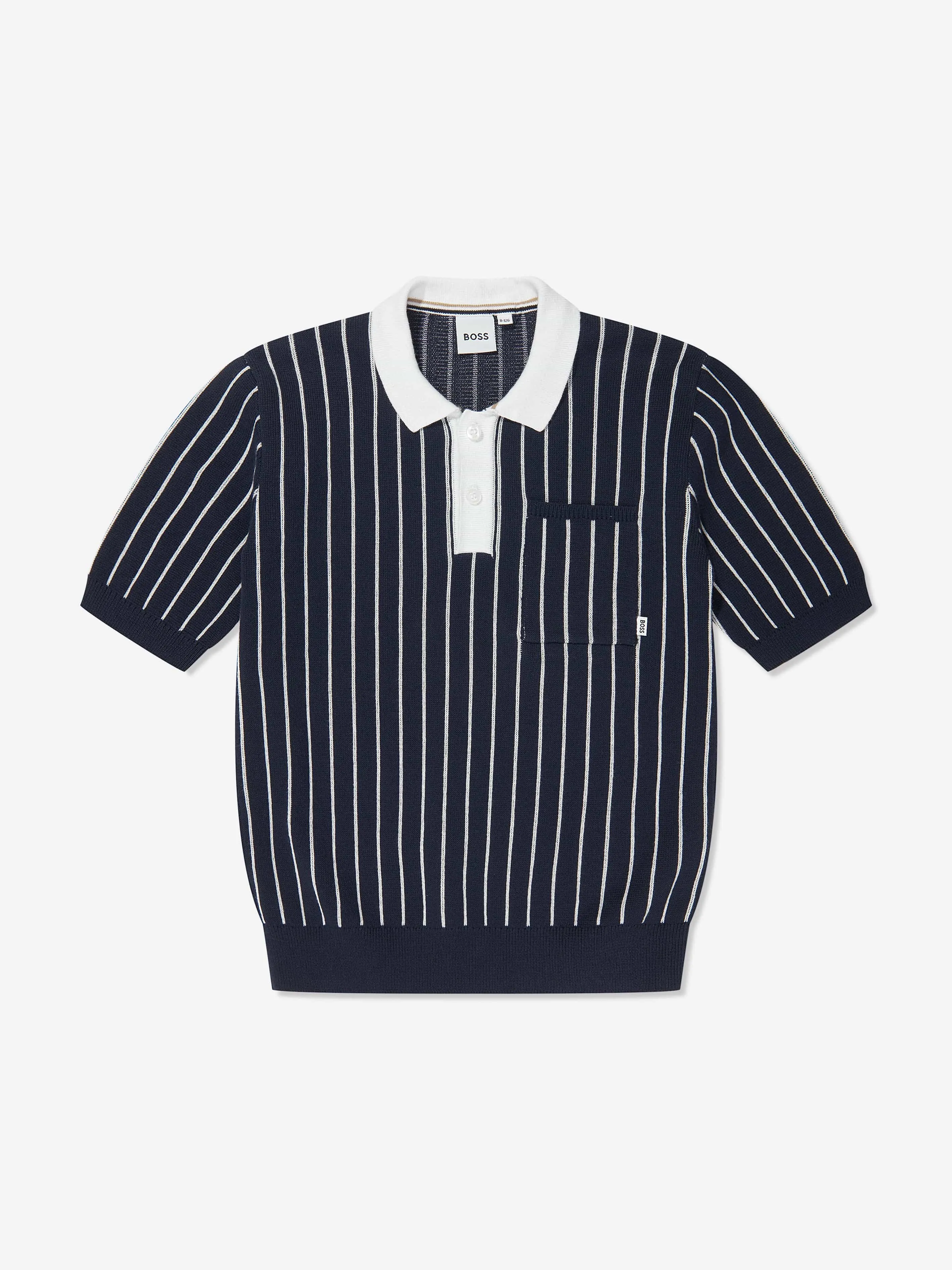 BOSS Boys Striped Knitted Polo Shirt in Navy