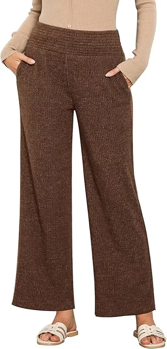 Brown  Women's Ankle-Length High-Waist Pants Relaxed Fit Wide-Leg Pull-On Side Pocket