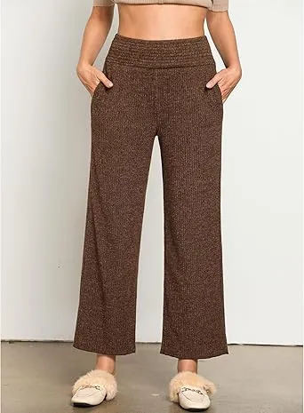 Brown  Women's Ankle-Length High-Waist Pants Relaxed Fit Wide-Leg Pull-On Side Pocket