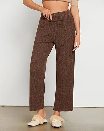 Brown  Women's Ankle-Length High-Waist Pants Relaxed Fit Wide-Leg Pull-On Side Pocket