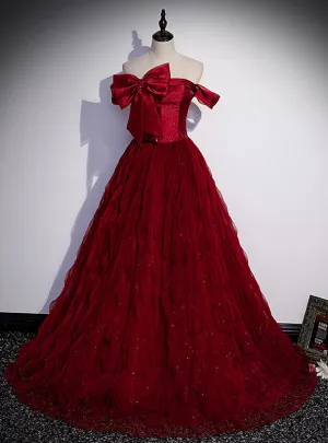 Burgundy Tulle Off the Shoulder Pleats Bow Prom Dress