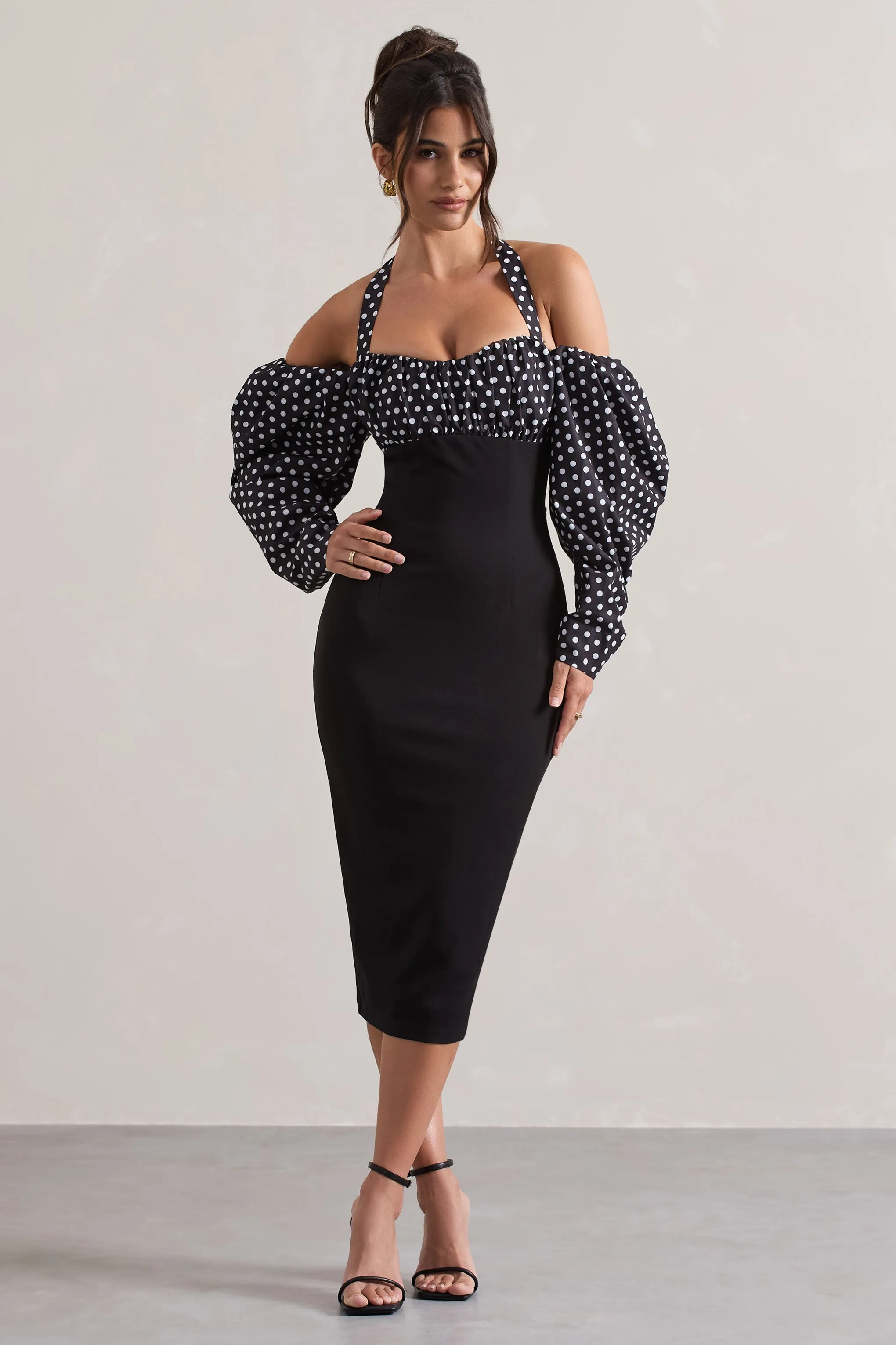 Couture Client | Black & White Polka Dot Halter-Neck Puff Sleeve Midi Dress