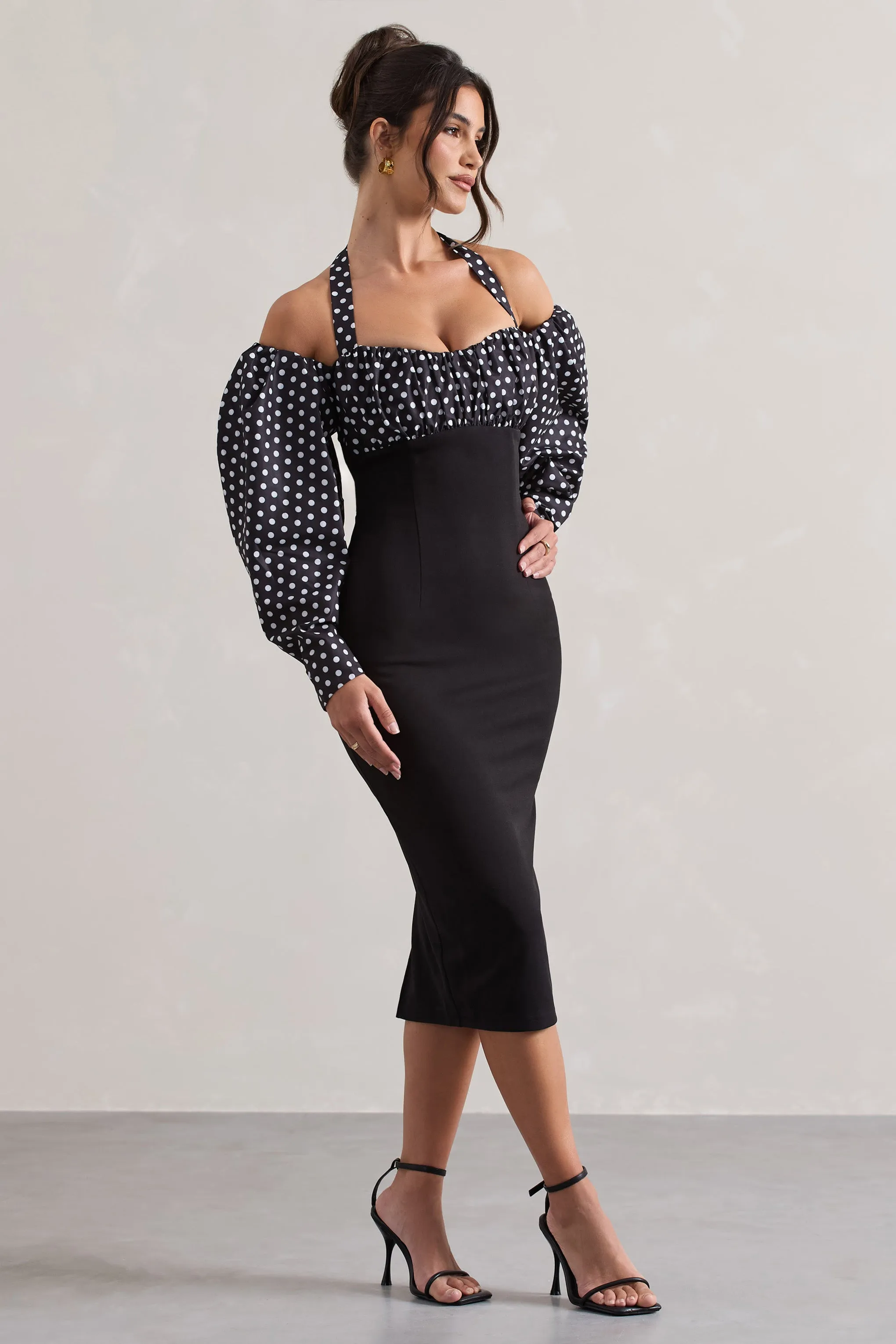 Couture Client | Black & White Polka Dot Halter-Neck Puff Sleeve Midi Dress