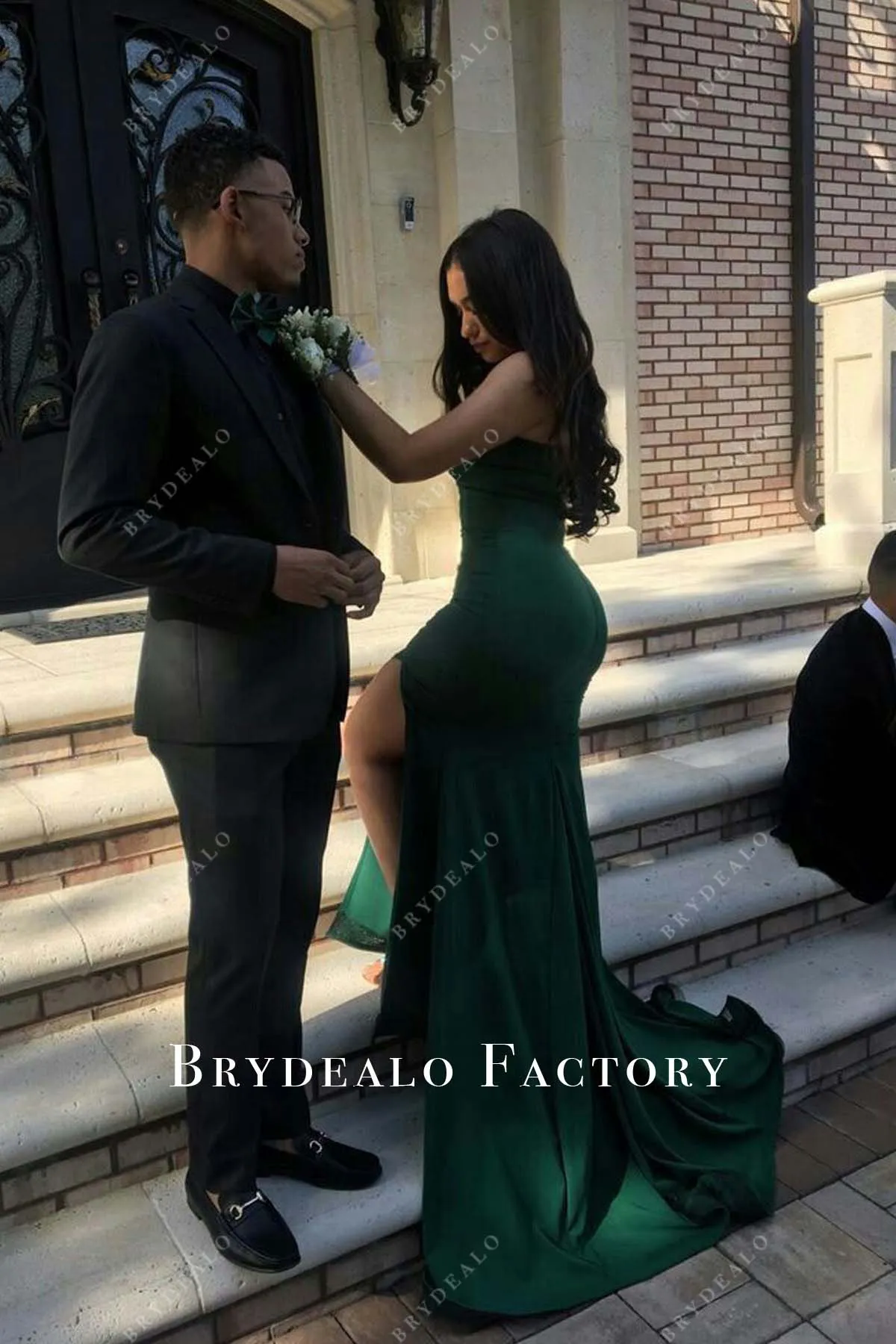 Dark Green Jersey Strapless Mermaid Slit Simple Formal Dress