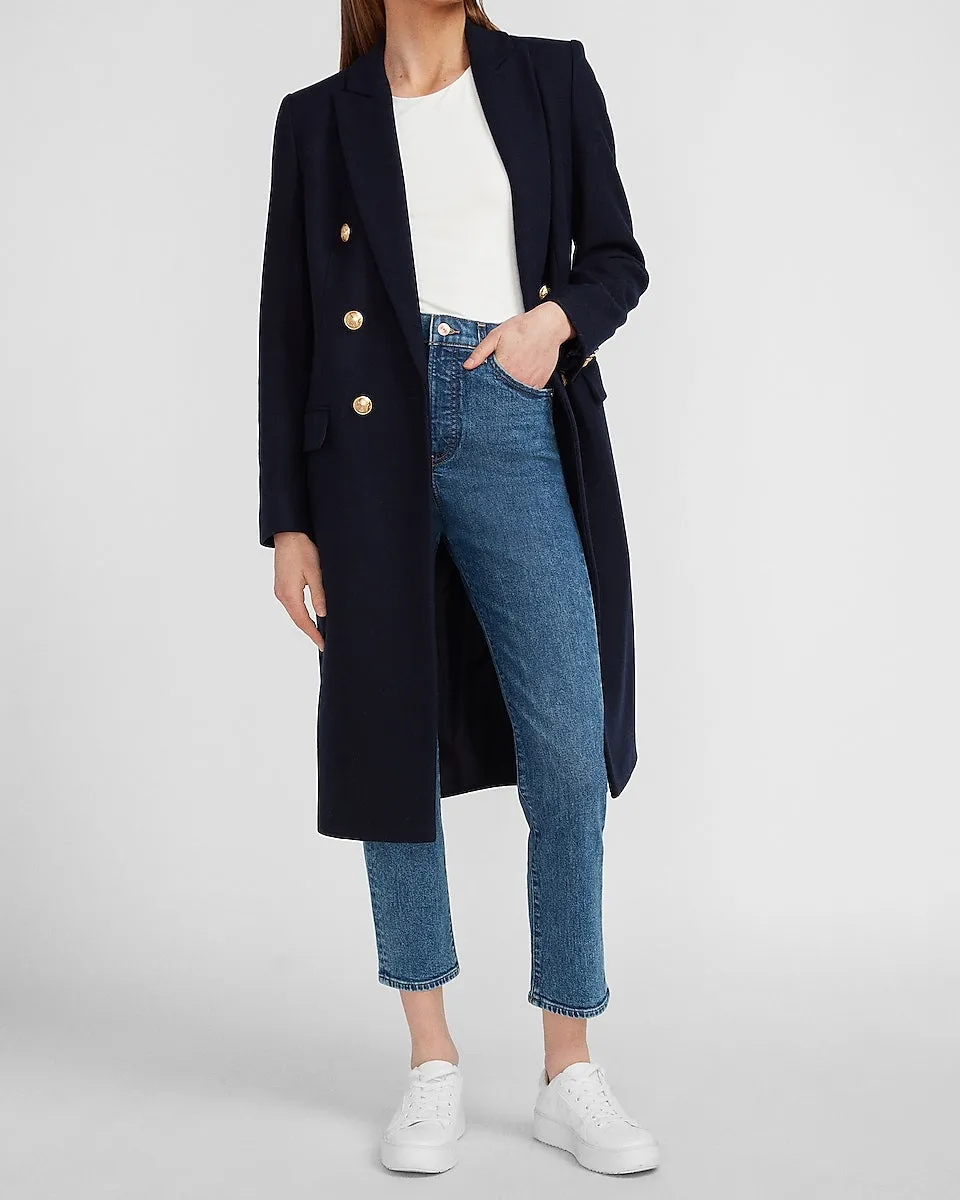 Double Breasted Wool-Blend Coat in Navy Blue