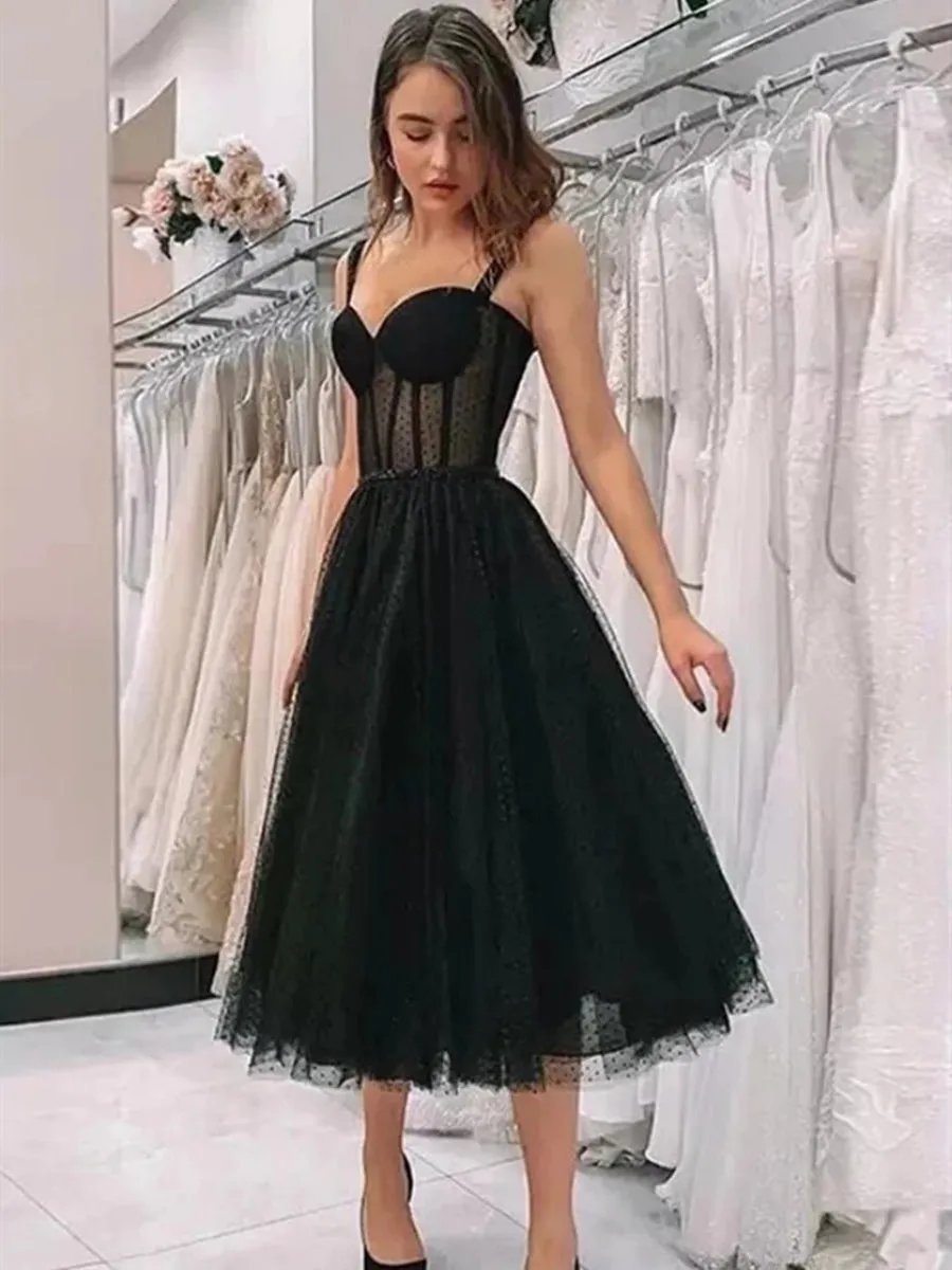 Elegant Sweetheart Neck Tea Length Black Prom, Sweetheart Neck Black Formal Graduation Homecoming