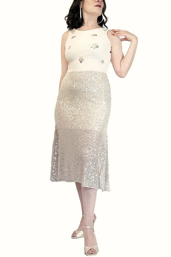 ethereal sequin and mesh tango dress with flared skirt