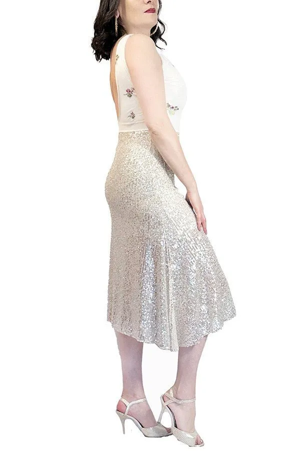 ethereal sequin and mesh tango dress with flared skirt