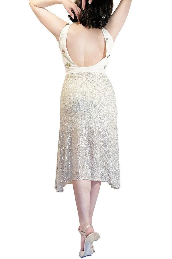 ethereal sequin and mesh tango dress with flared skirt