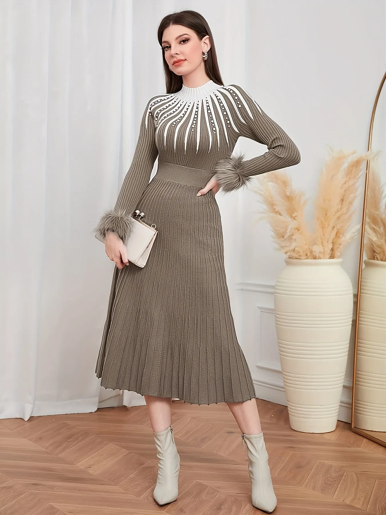 Faux Fur Trim Mock Mock Knitted Dress, Elegant Long Sleeve A-line Dress For Fall & Winter, Women's Clothing