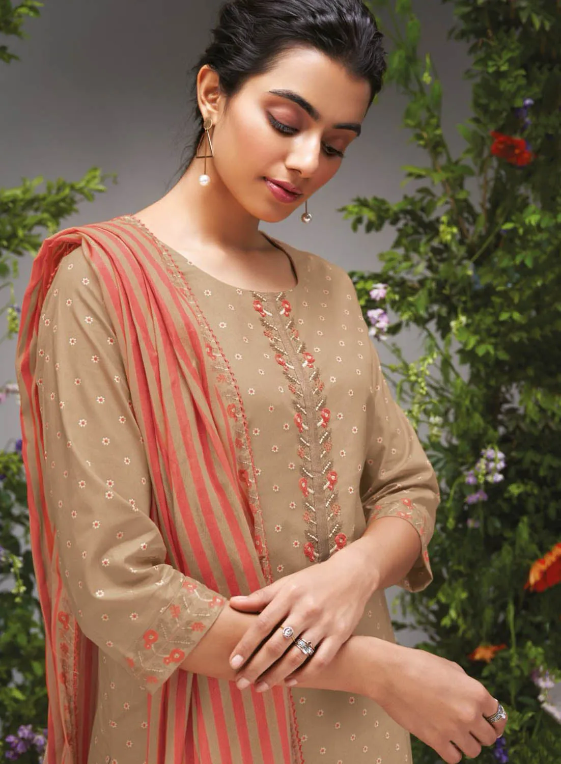 Ganga Pure Cotton Brown Unstitched Suit Dress material for Women