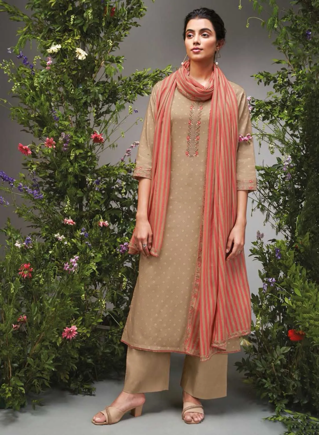 Ganga Pure Cotton Brown Unstitched Suit Dress material for Women