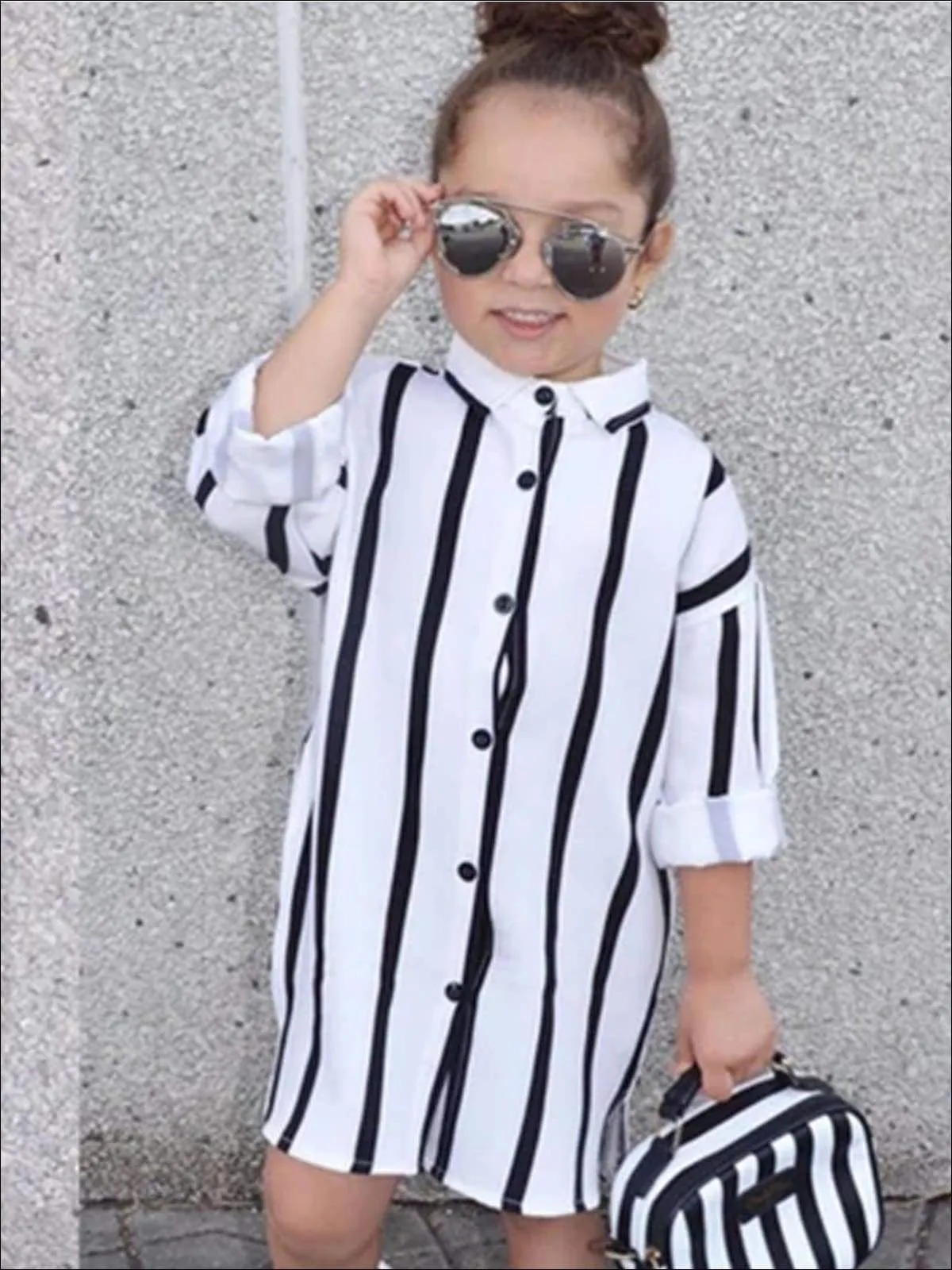 Girls Black & White Vertical Stripe Collared Blouse T-Shirt Dress