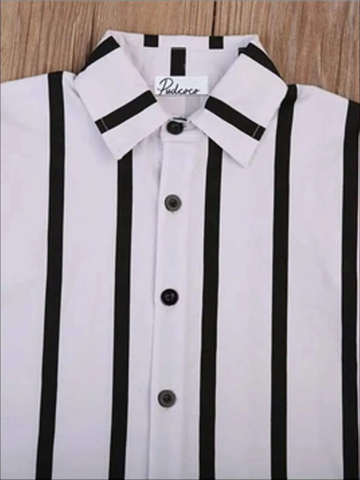 Girls Black & White Vertical Stripe Collared Blouse T-Shirt Dress